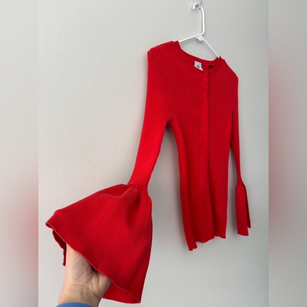 Cardigan Ribbed Trumpet Snap Front Bell Sleeves Colorful orange-red Size M